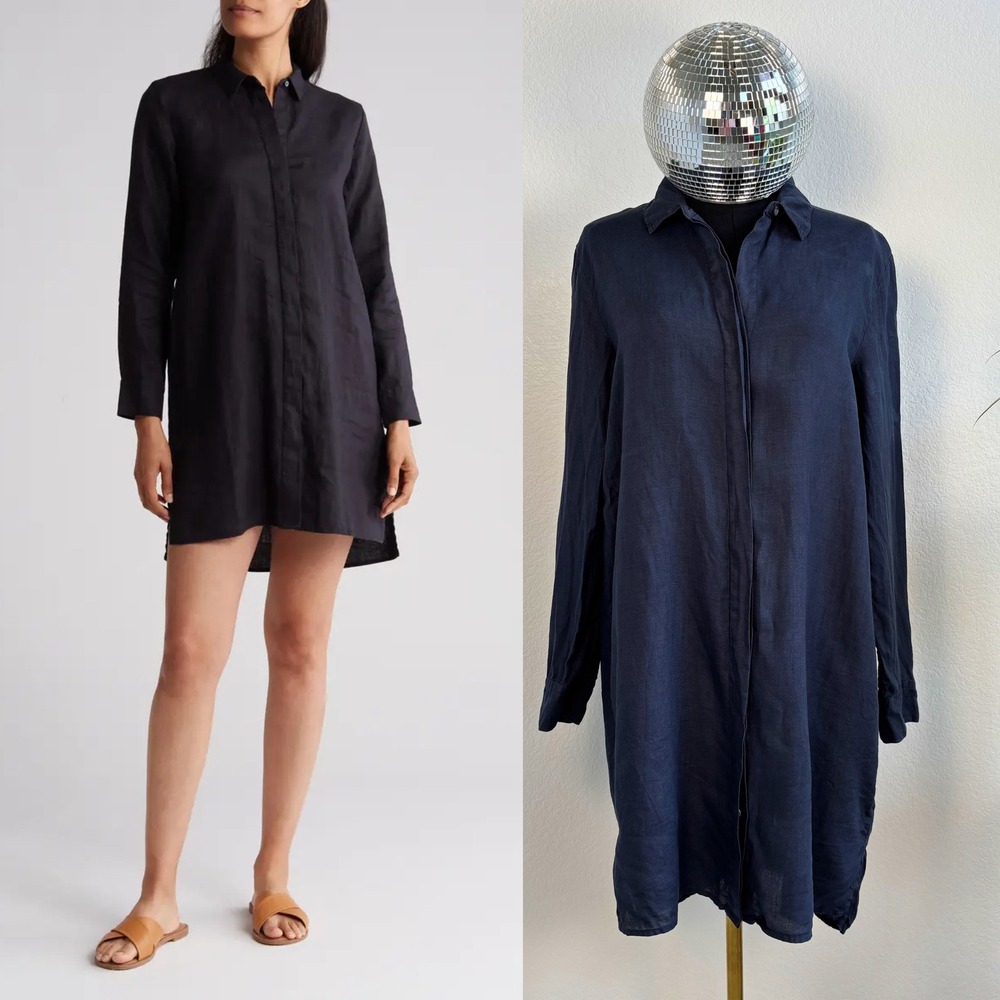 James Perse Classic Shirt Dress Navy Linen | Size 2, Medium Long Sleeve WKO6737